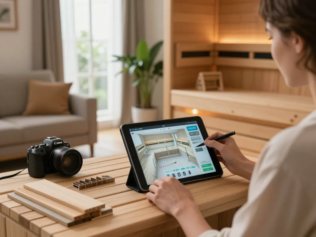 Showcasing sauna customization process with a person designing a personalized sauna layout with 3D tools and wood samples in a cozy setting.