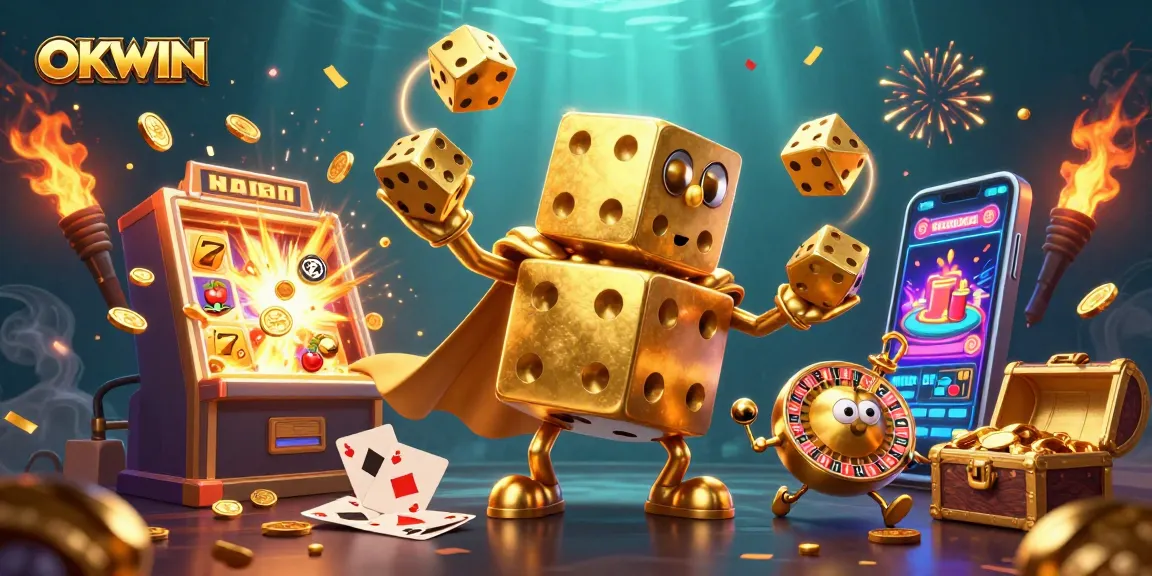 Engage with OKWIN in an exciting 3D carnival of gaming elements and golden dice illustrations.