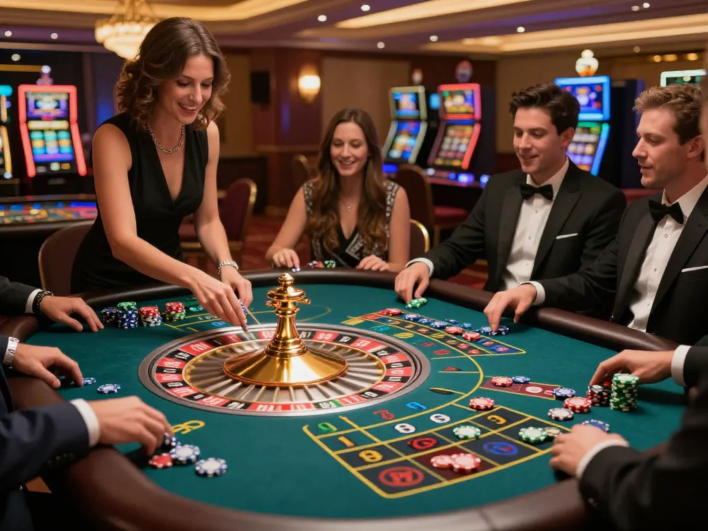 Players enjoying a thrilling roulette game at a sunwin casino, dynamic atmosphere with chips and bets in action.