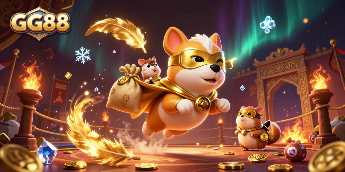 Experience excitement with GG88's dynamic superhero dog flying, winning coins amidst a vibrant casino setting.