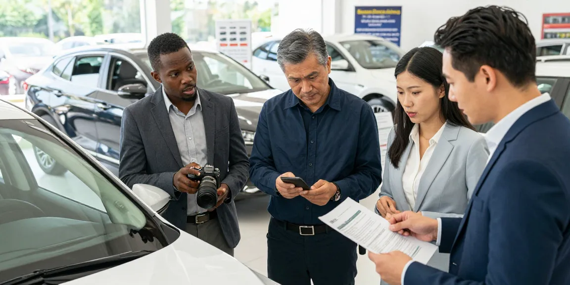 Car check UK scene with diverse buyers discussing vehicle history checks.