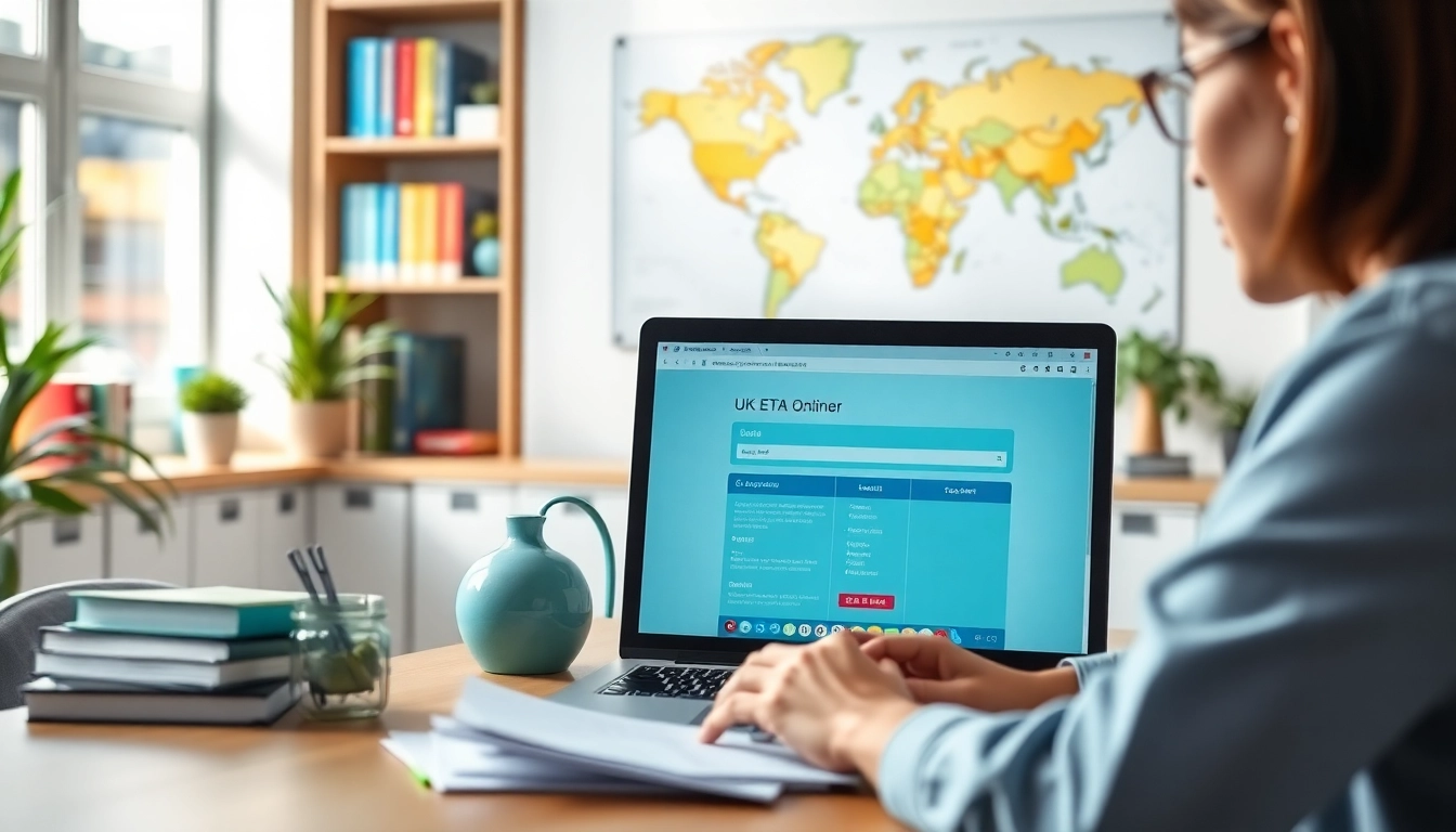 User completing the uk eta online application on a laptop in a bright office.