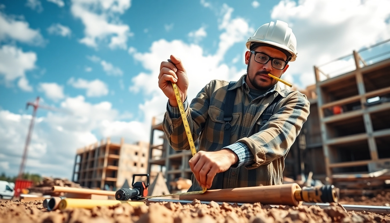 Construction apprenticeship in action with an apprentice measuring tools on a site.