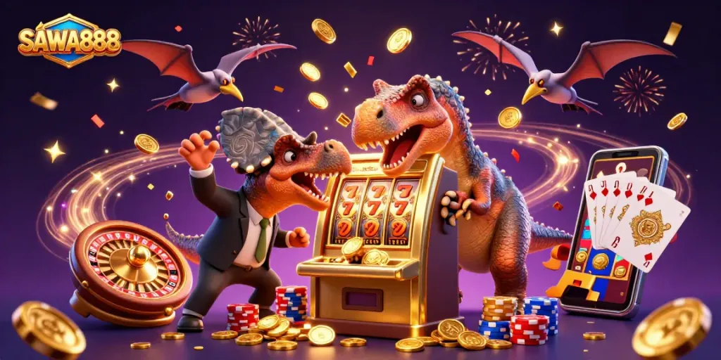 SAWA888 exciting scene of a dinosaur activating a jackpot slot machine amidst flying coins and casino elements