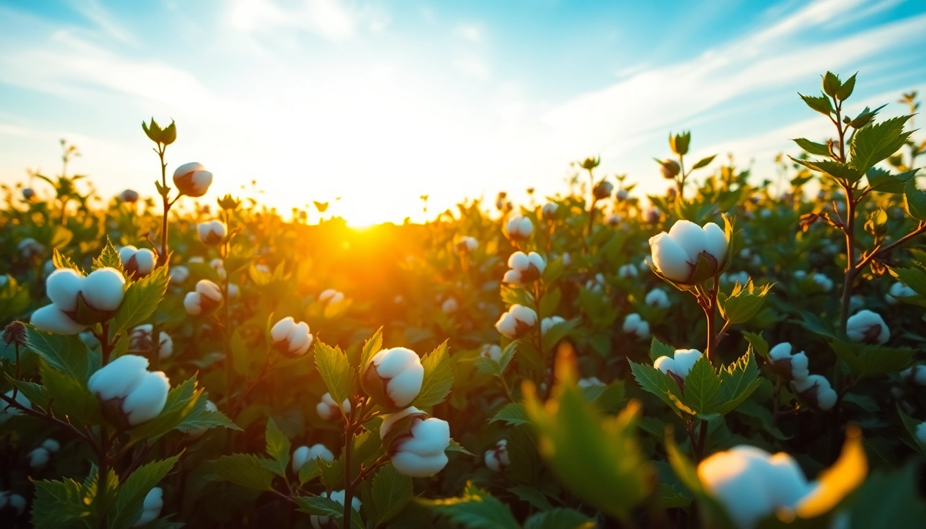 Katoenplanten in een weelderig veld met warme lichtstralen die de textuur benadrukken.