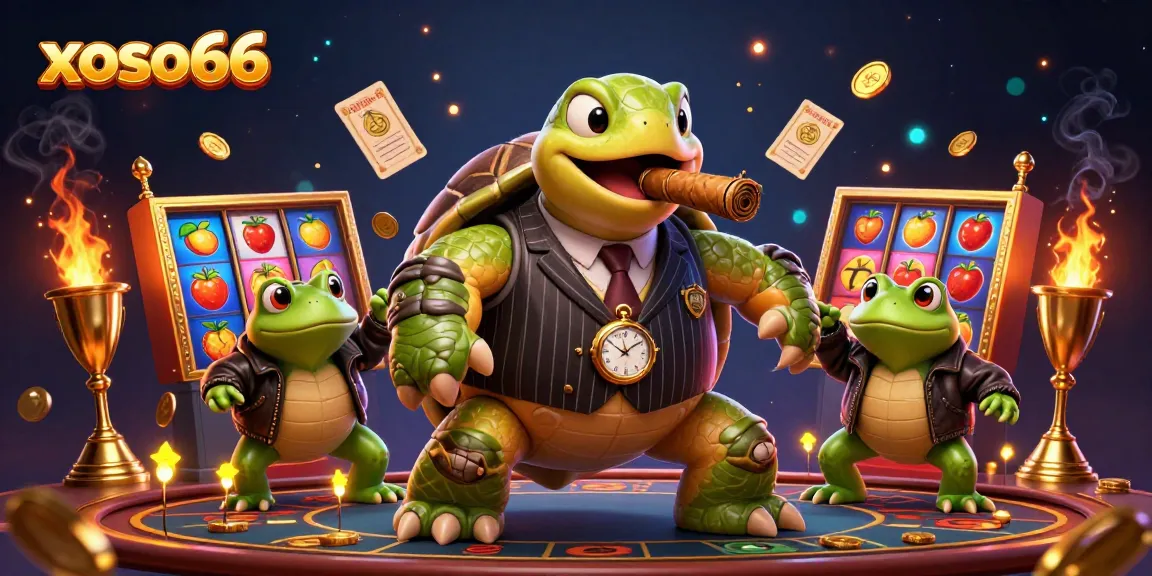 Engage in thrilling gaming experiences at xoso66 with a cartoon turtle and bullfrog enforcers amid golden jackpots and vibrant betting elements.