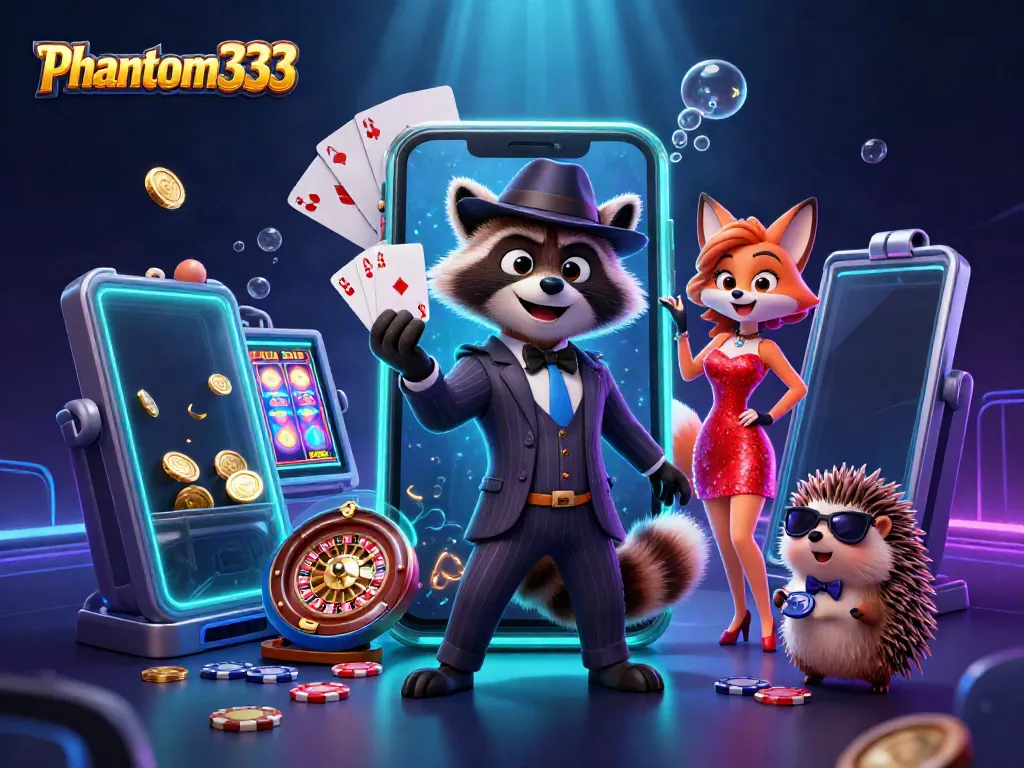 Experience engaging gameplay at Phantom333 with a lively raccoon and friends enjoying casino fun.