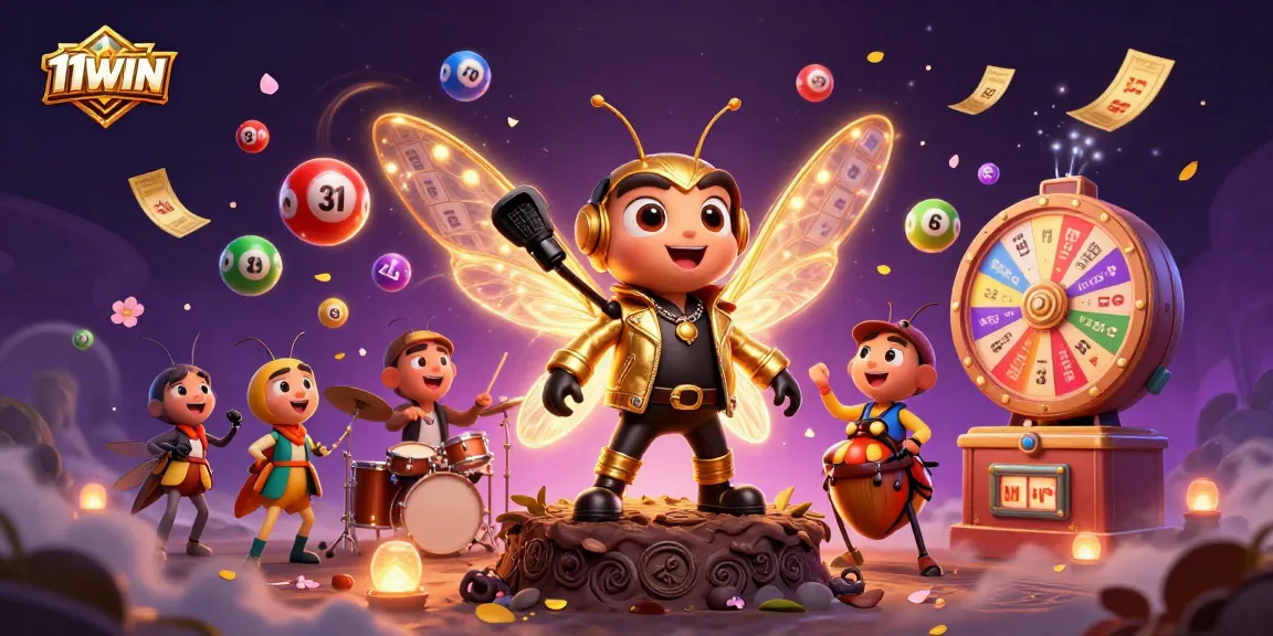 Engage with 11WIN's vibrant lottery and gaming scene featuring a cicada rock star.