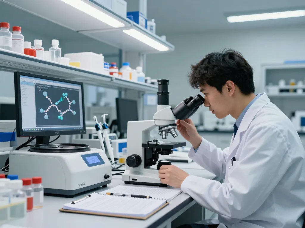 Slupp332 peptide analysis in a professional lab environment with researcher and modern equipment.