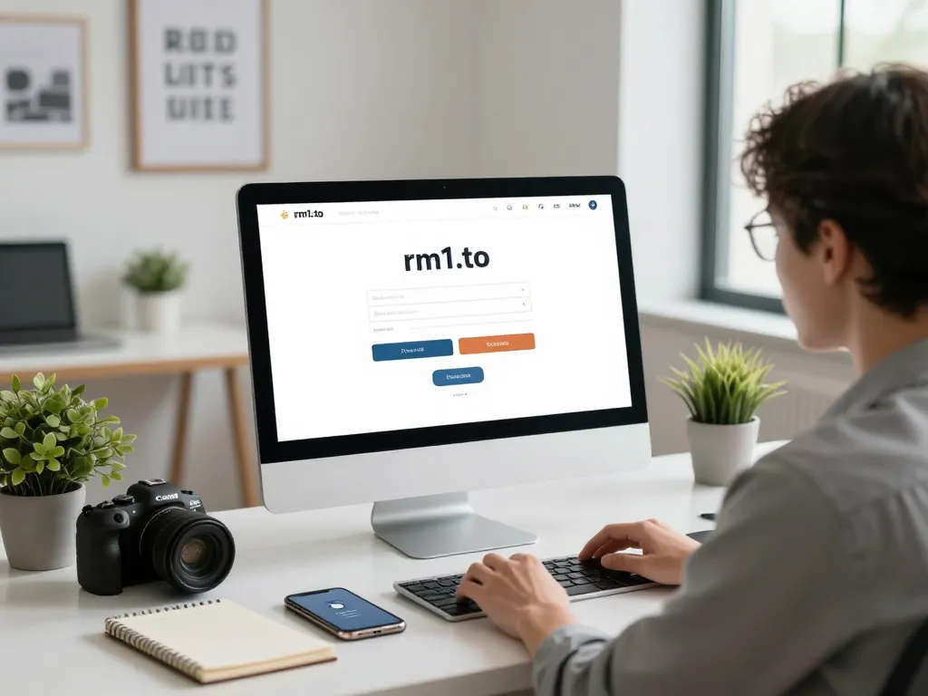 User accessing rm1.to login page in a modern workspace, showcasing digital security and seamless experience.