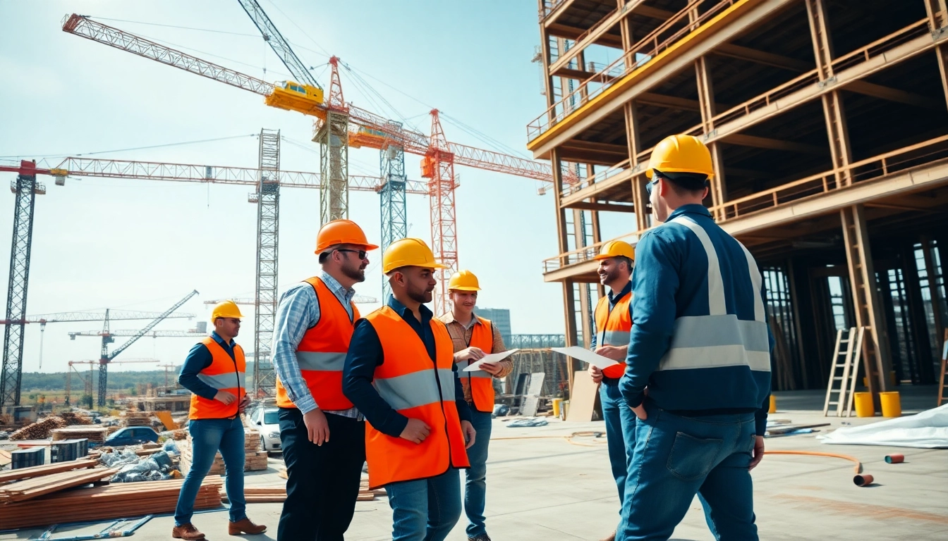 People from a construction association engaged in teamwork at a busy job site.