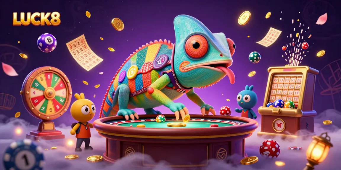 Experience LUCK8's dynamic casino world with colorful lottery balls and a vibrant chameleon.