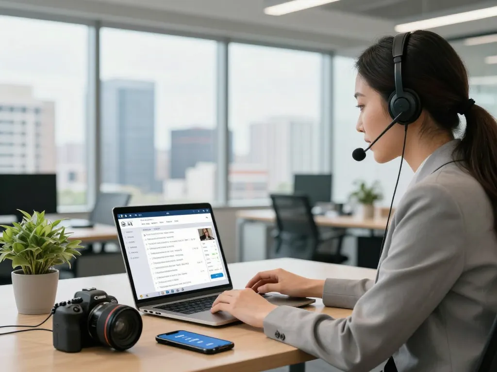 AI receptionist for real estate assisting an agent in a modern office.