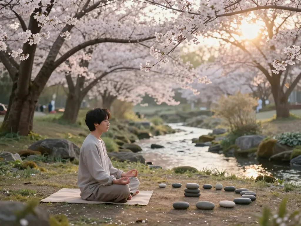 Individual meditating in serene garden, embodying positive thinking guidance through mindfulness and reflection.