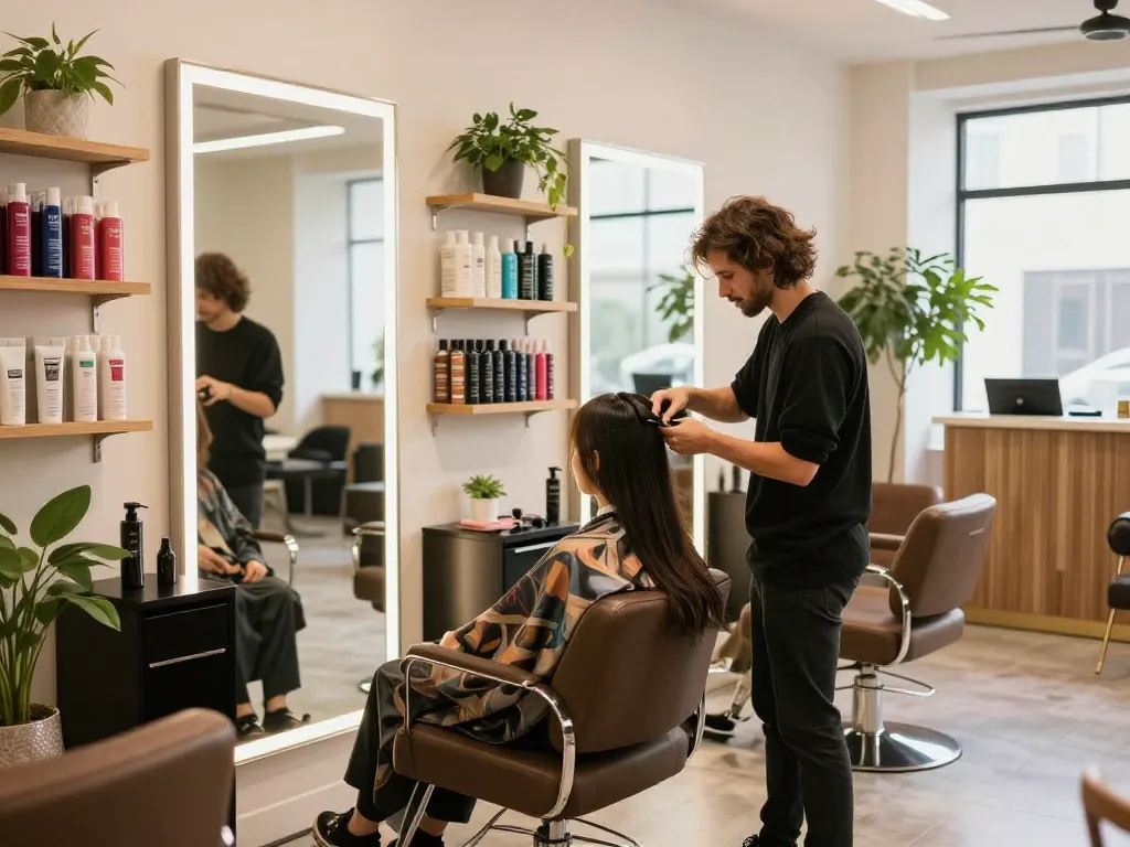 Hair salon near me with stylist cutting hair, bright modern interior, inviting atmosphere.