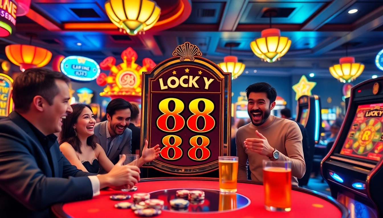Players enjoying the exciting Lucky 88 slot machine in a vibrant casino atmosphere.