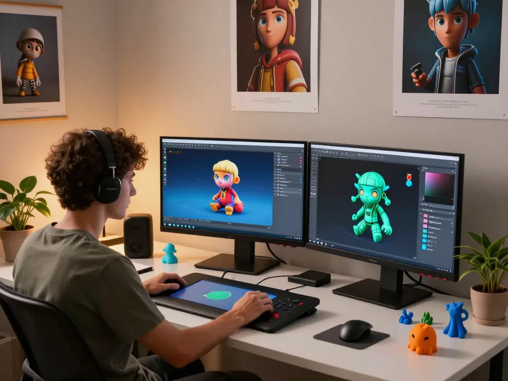 Digital artist using a 3D Model generator in a creative workspace filled with vibrant designs and 3D printed models.