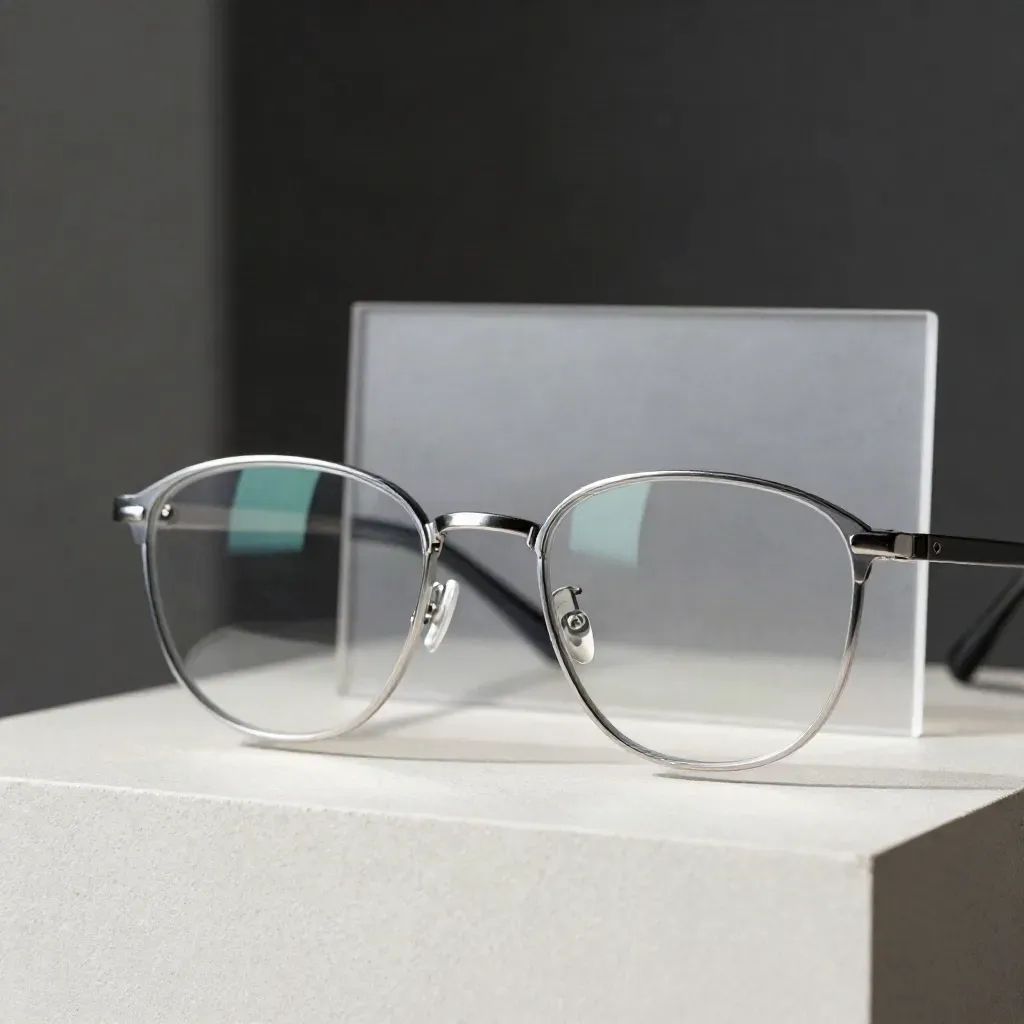 Clear lens pair in sleeves floating above a pale plinth in dramatic raking light.