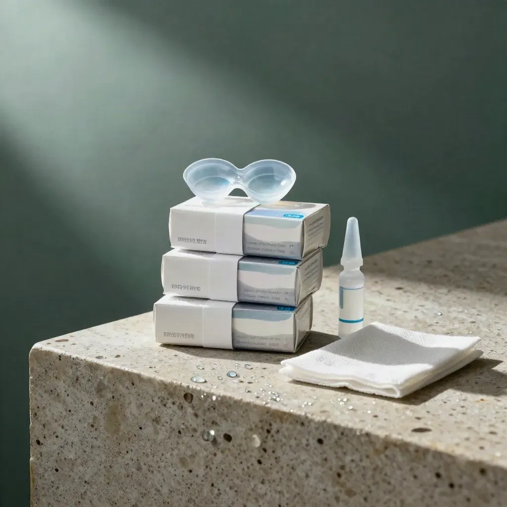 Unbranded contact lens pack with case, saline vial and pouch on rain-damp stone in misty light.