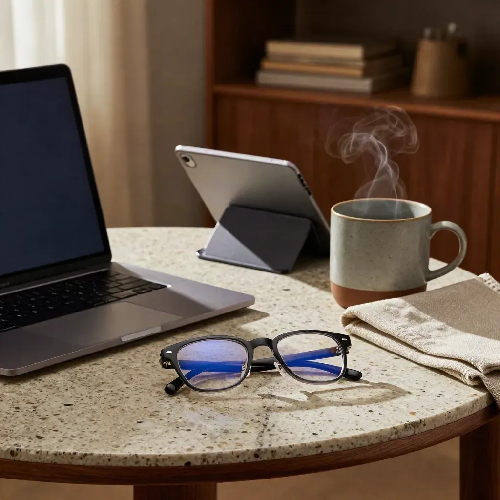 Blue-light lens bundle beside laptop, mug, tablet stand, glasses, and linen in a moody study nook.