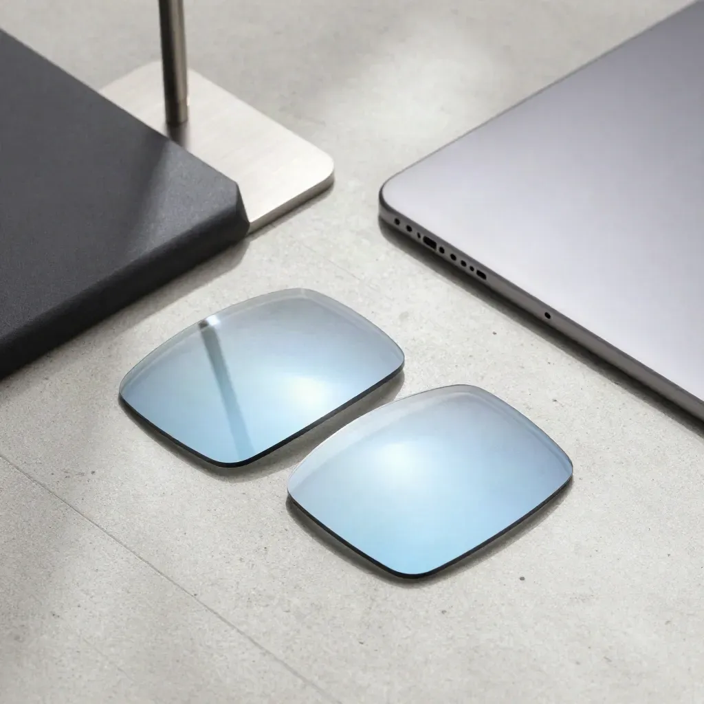 Anti-glare lens sheets, matte sleeve, metal stand and closed tablet on concrete, overhead.