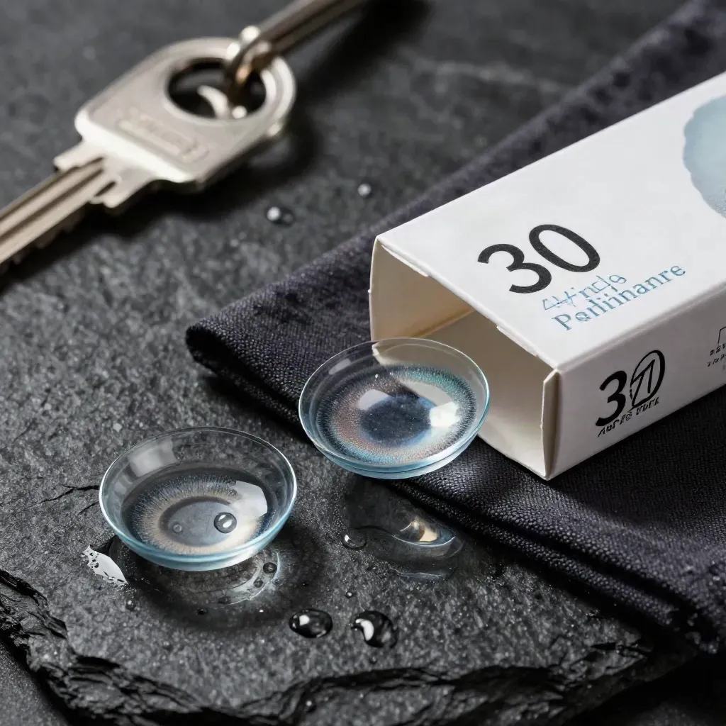 Plain contacts 30-pack on wet basalt with water beads, salt-dark cloth, and a mint glint