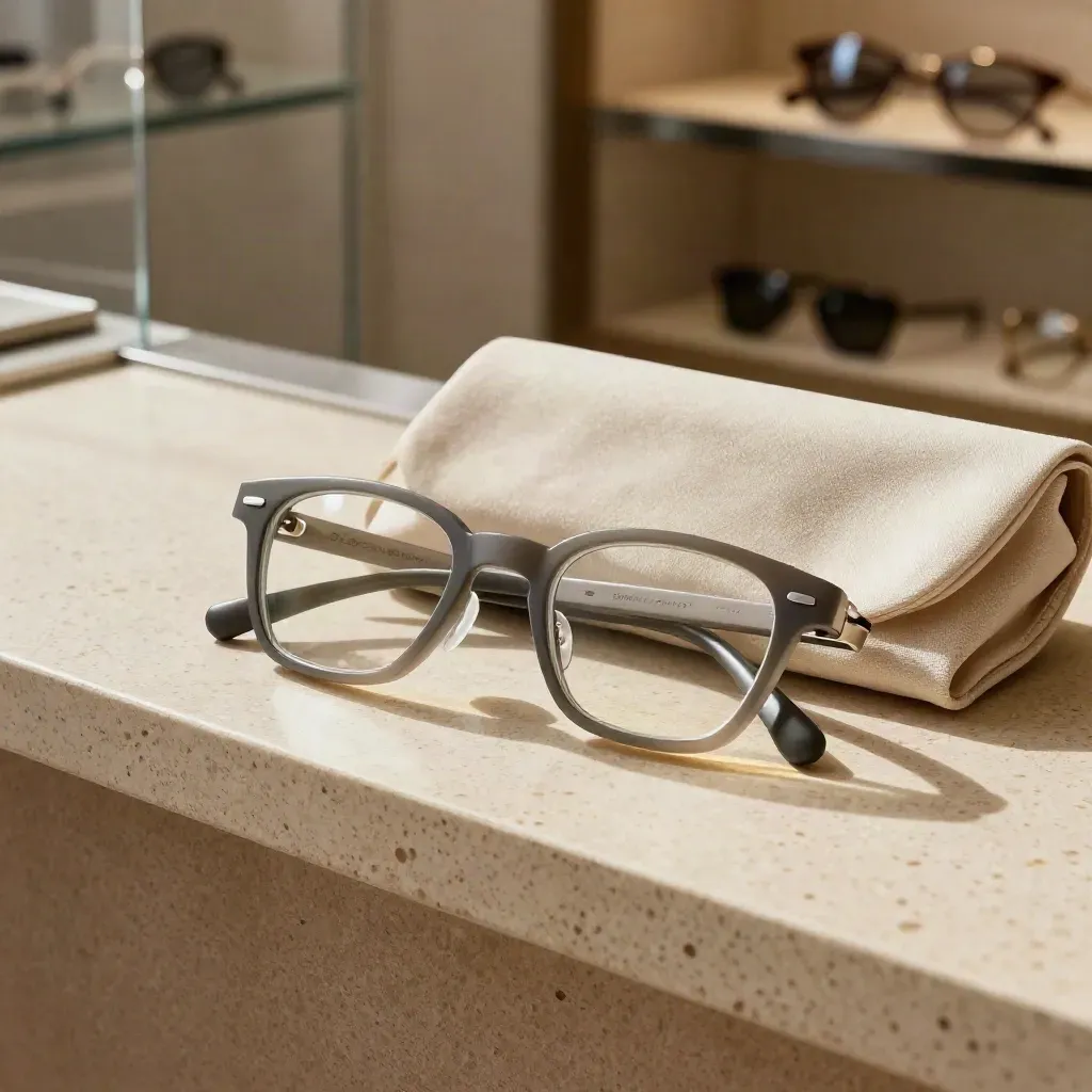 Two progressive lens blanks, pouch, frame sample and linen on a travertine counter.