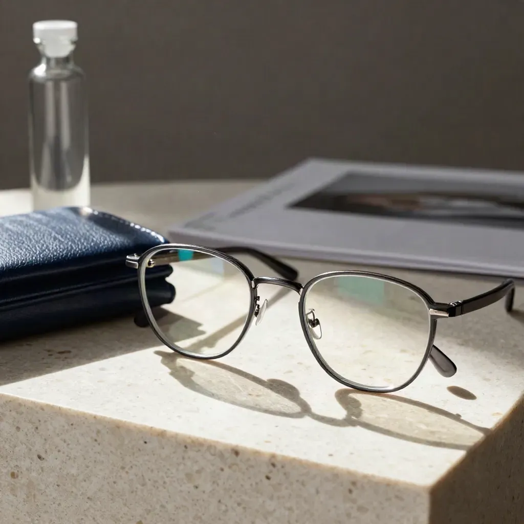 Bifocal lenses in clear carriers beside a navy leather case and glass vial on travertine.