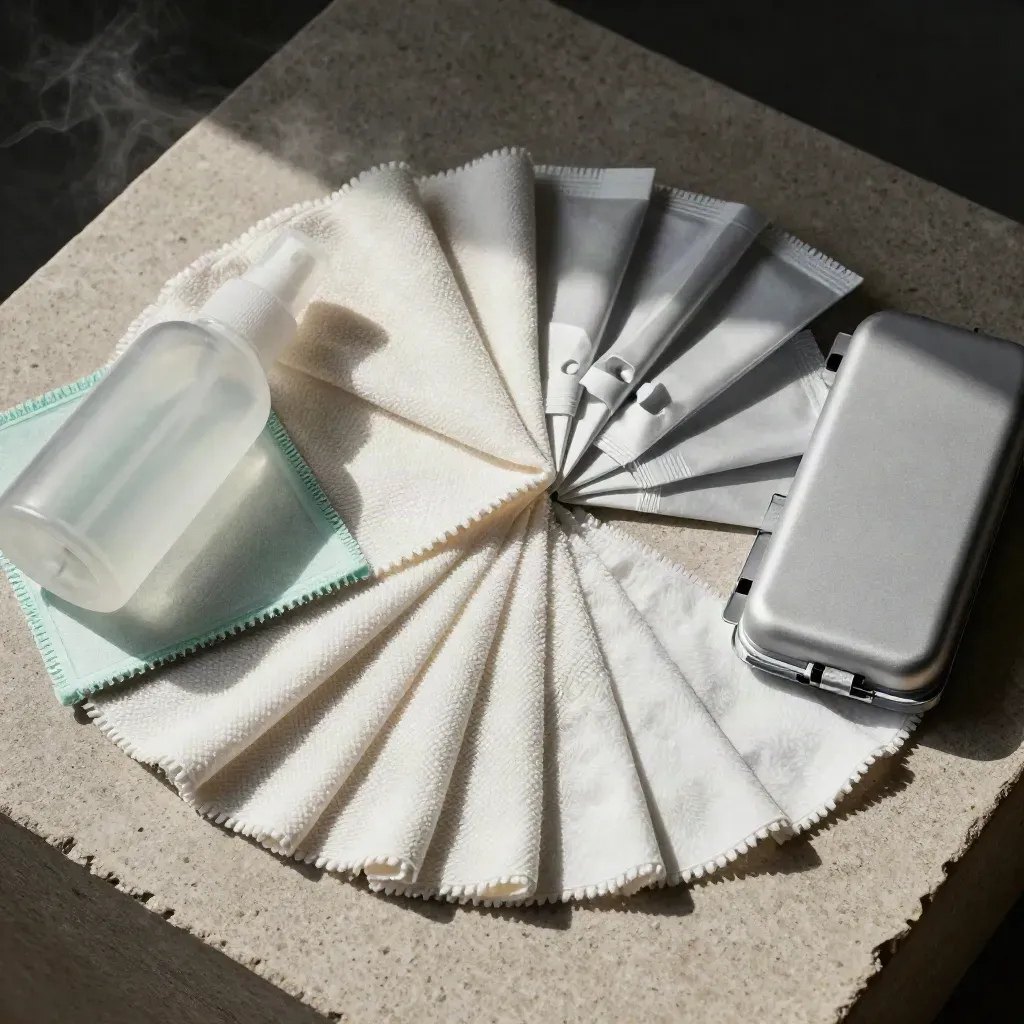 Overhead macro of an open lens cleaning kit on matte stone with cloth, wipes, bottle and case.