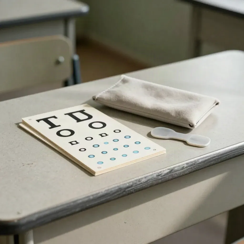 Student vision test kit with dot cards, sleeve, and occluder paddle on a classroom ledge.