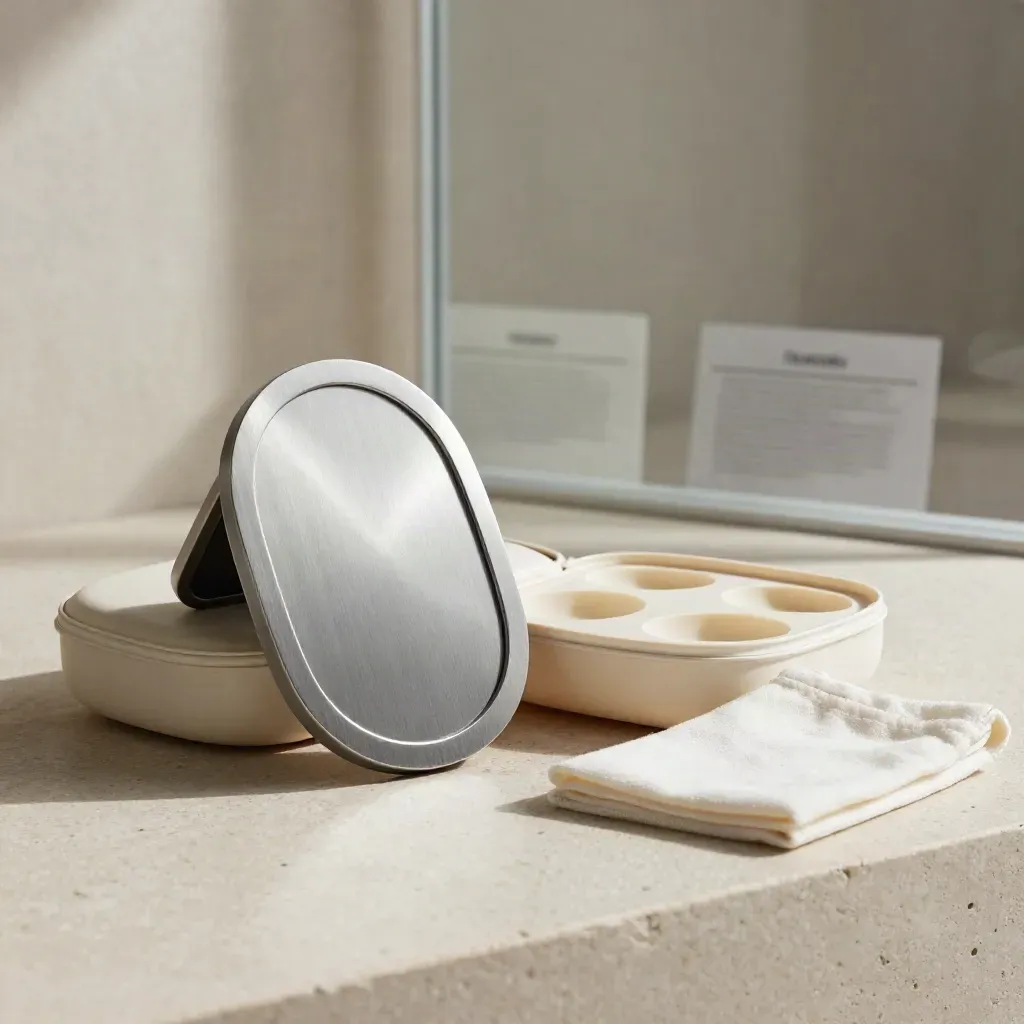 Senior lens fitting kit on limestone with silver frame sample and cream case, softly lit.