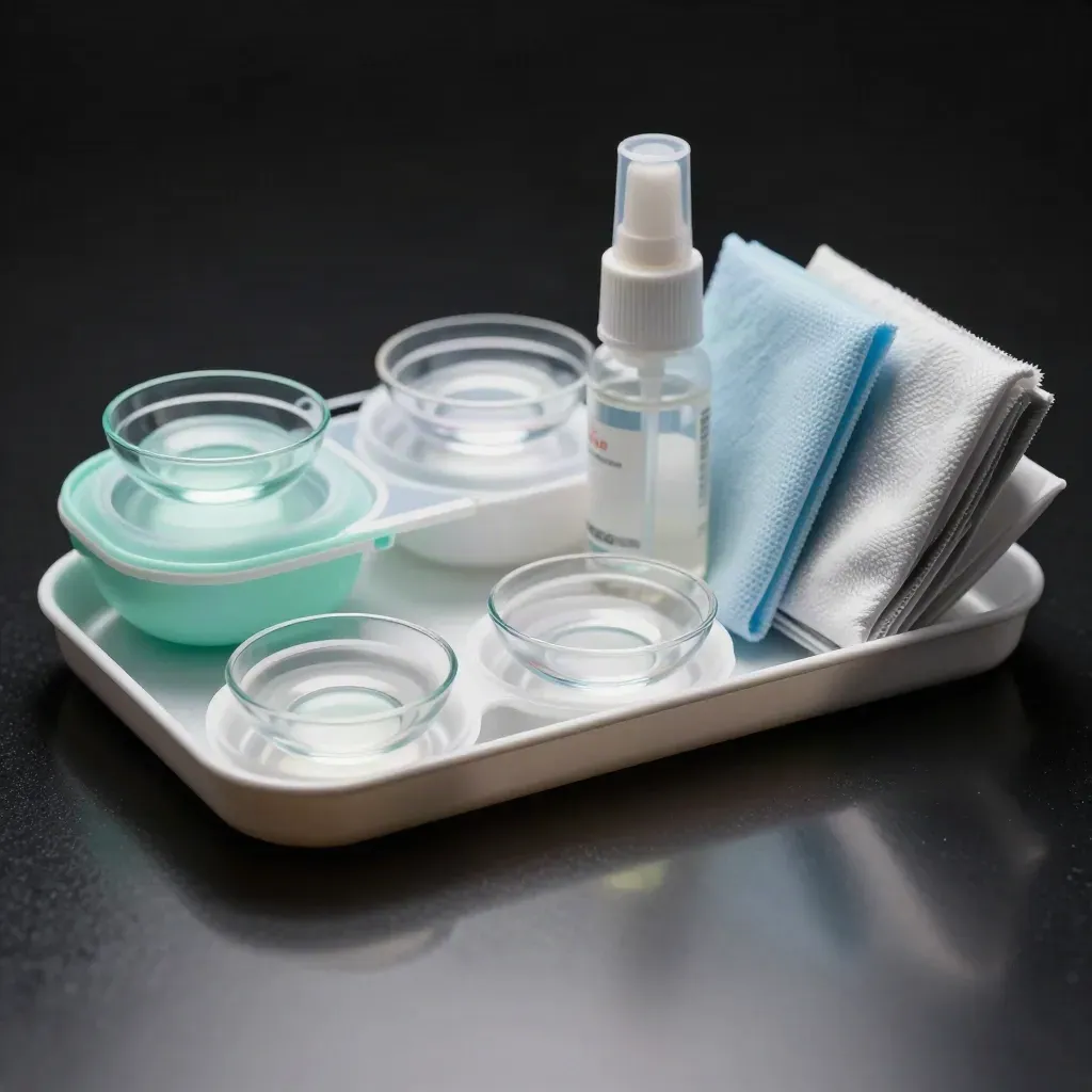 Open lens bundle with contact vials, cleaning kit, and mint-blue accessories on a dark studio surface.