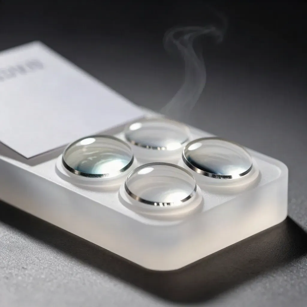 Macro toric contact lenses in a frosted acrylic cradle with cool vapor and silver highlights