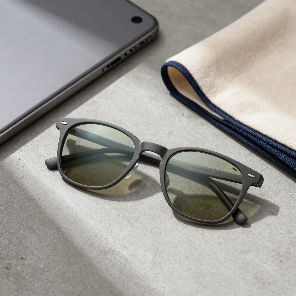 Overhead flatlay of anti-glare lens pair, case, tablet stand and microfiber cloth on stone.