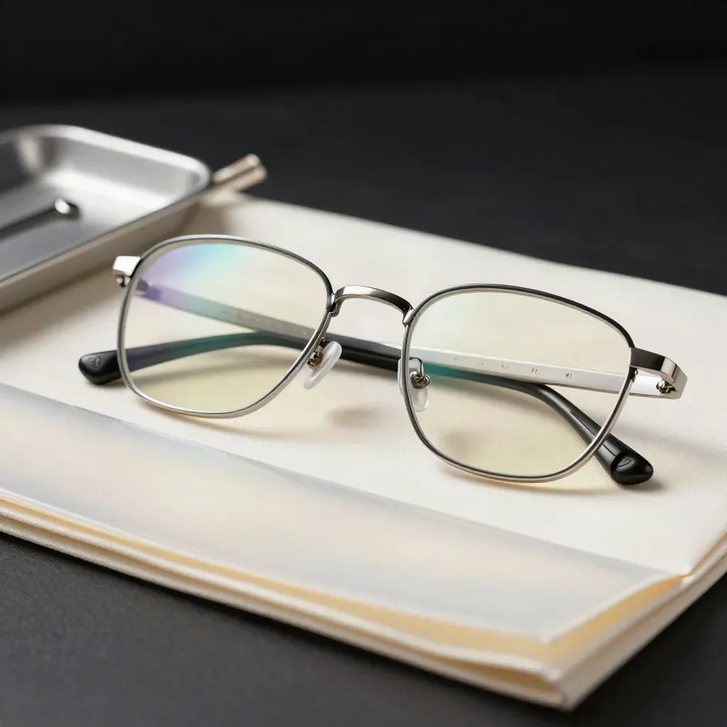 Clear reader lenses beside a cream fold and acetate sleeve on a dark studio surface.