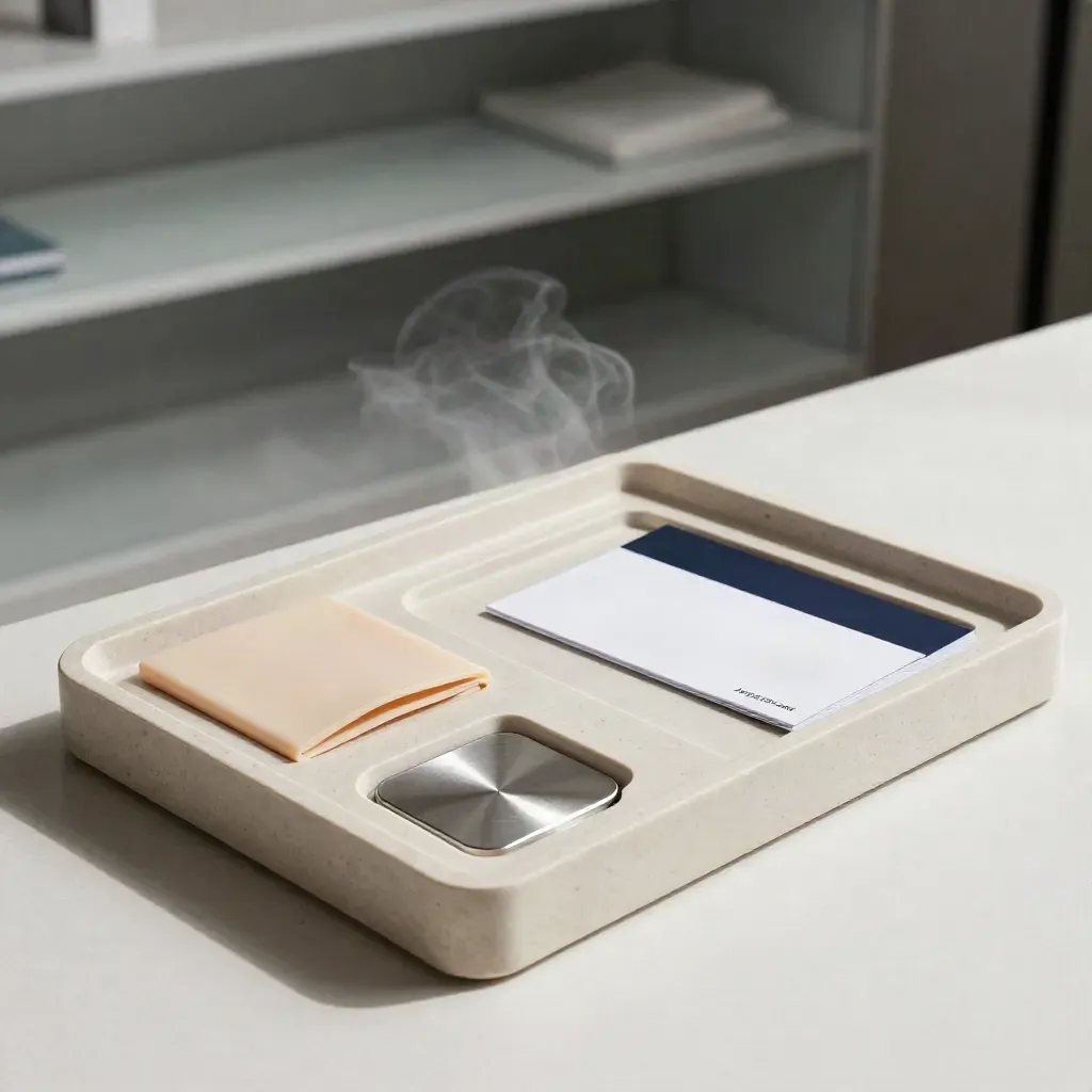 Open teen fit consult kit with sample frames, sleeve and comfort tray on limestone, softly lit.