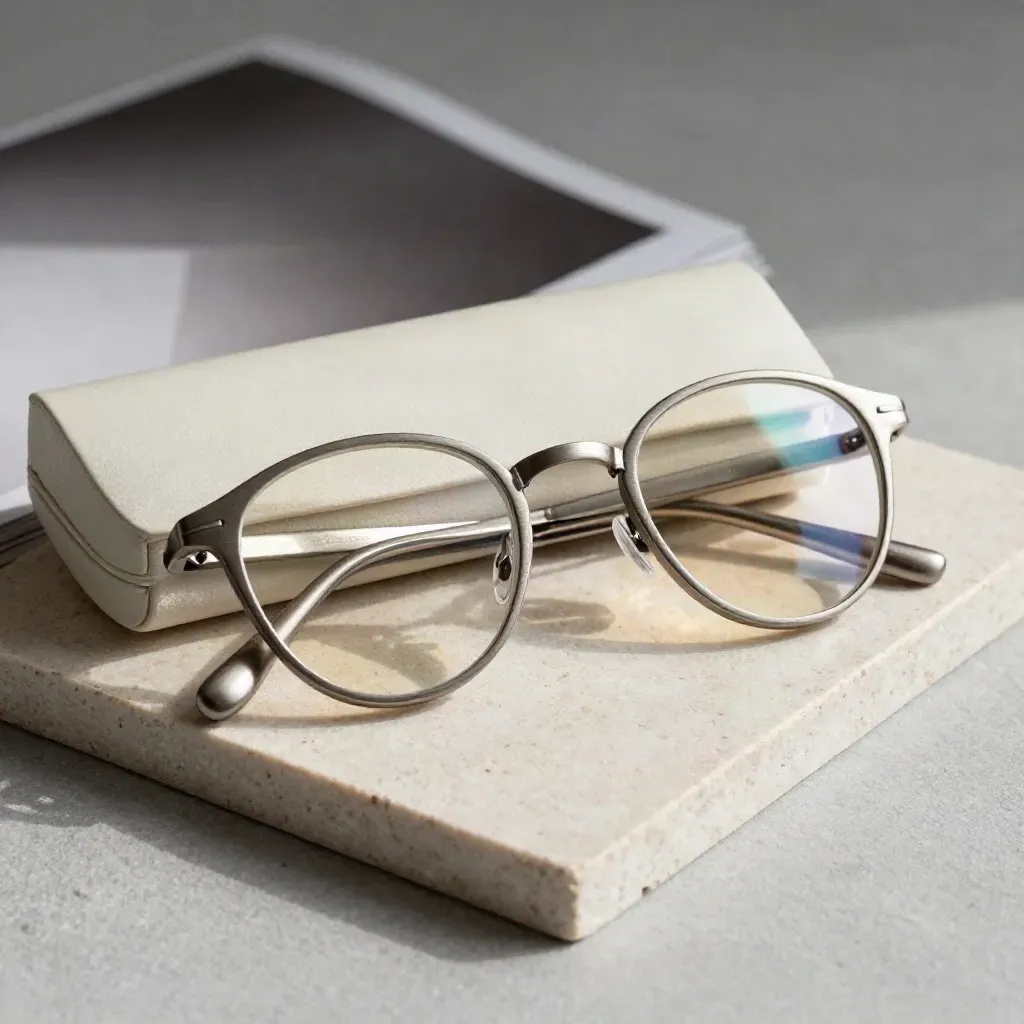 Rounded sample frame kit, cushioned case and inserts on pale stone, lit with warm raking light.