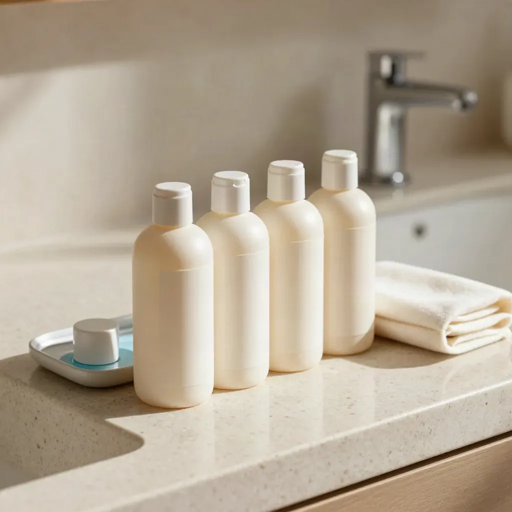 Four lens care bottles with a cap tray and cotton pouch on a misty travertine vanity.