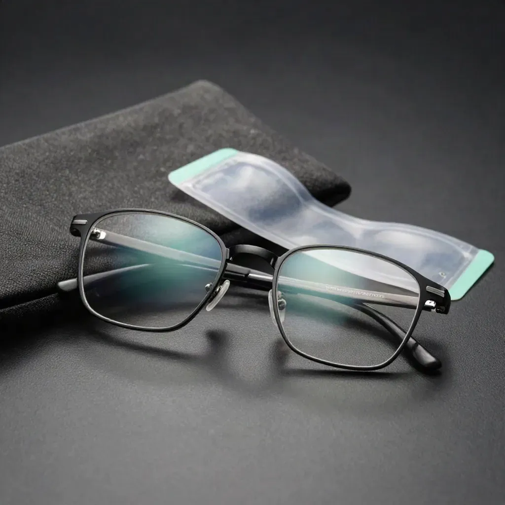 Clear replacement lenses beside an empty frame, pouch, and sleeves on a dark studio surface.