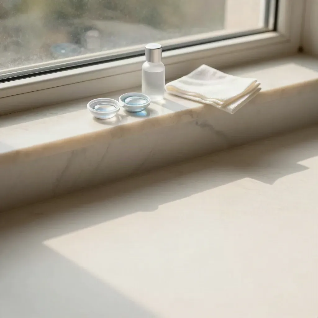 Marble ledge with contact lens cases and soft window light above a calm copy area