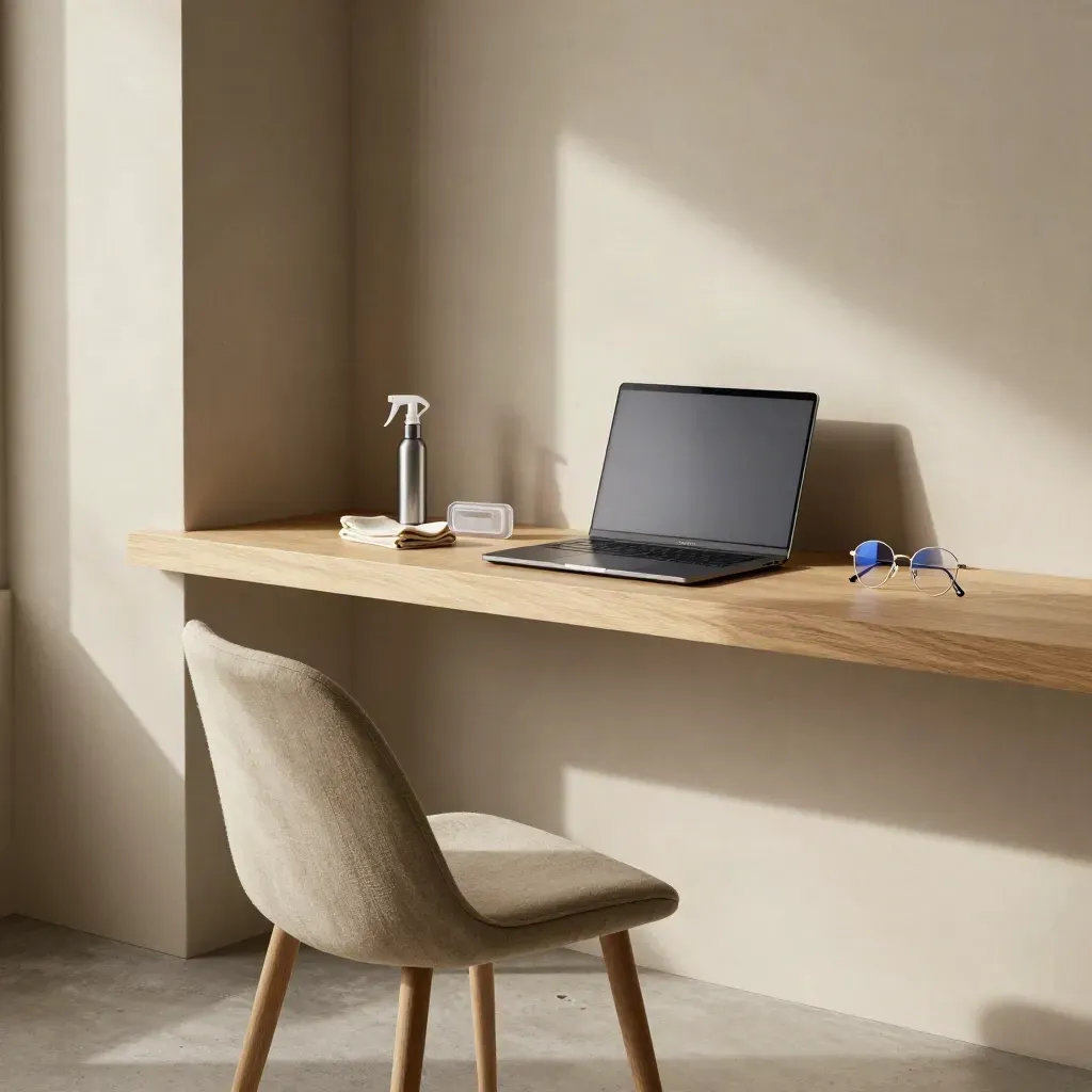 Sunlit study nook with laptop, linen chair, contact case, eyeglasses, and cleaning kit.