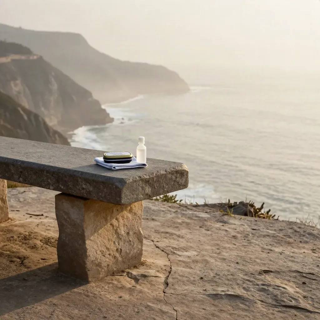 Misty coastal overlook with a stone bench and lens care case at sunrise
