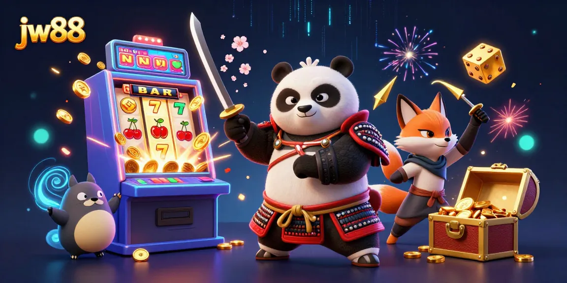 Experience jackpot wins with vivid jw88 3D illustrations of samurai panda and ninja fox in action.