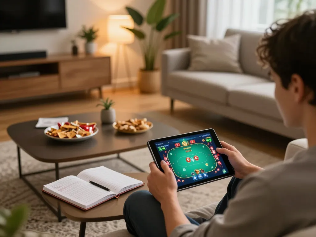 MAY88 player engaging in online poker at home, showcasing strategic gameplay and cozy atmosphere