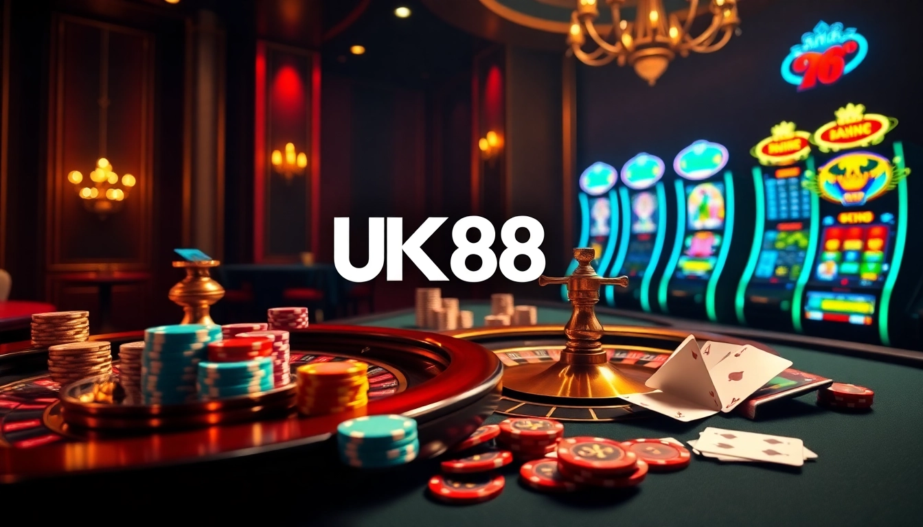 Gambling excitement at UK88 casino with roulette, poker chips, and slot machines.