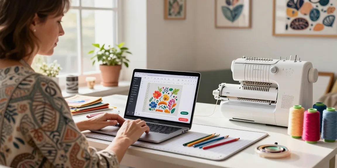 Convert PNG to PES embroidery file free using SewFlow, with a woman designing unique embroidery in her bright home studio.
