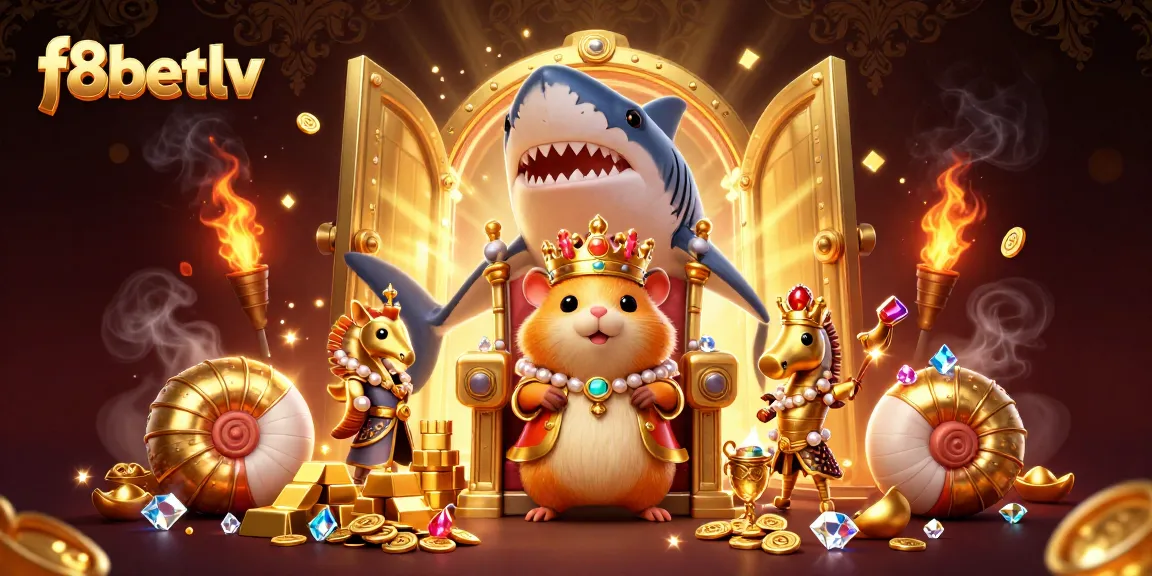 Engage with f8betlv's vibrant casino world featuring a golden hamster king and treasure elements.