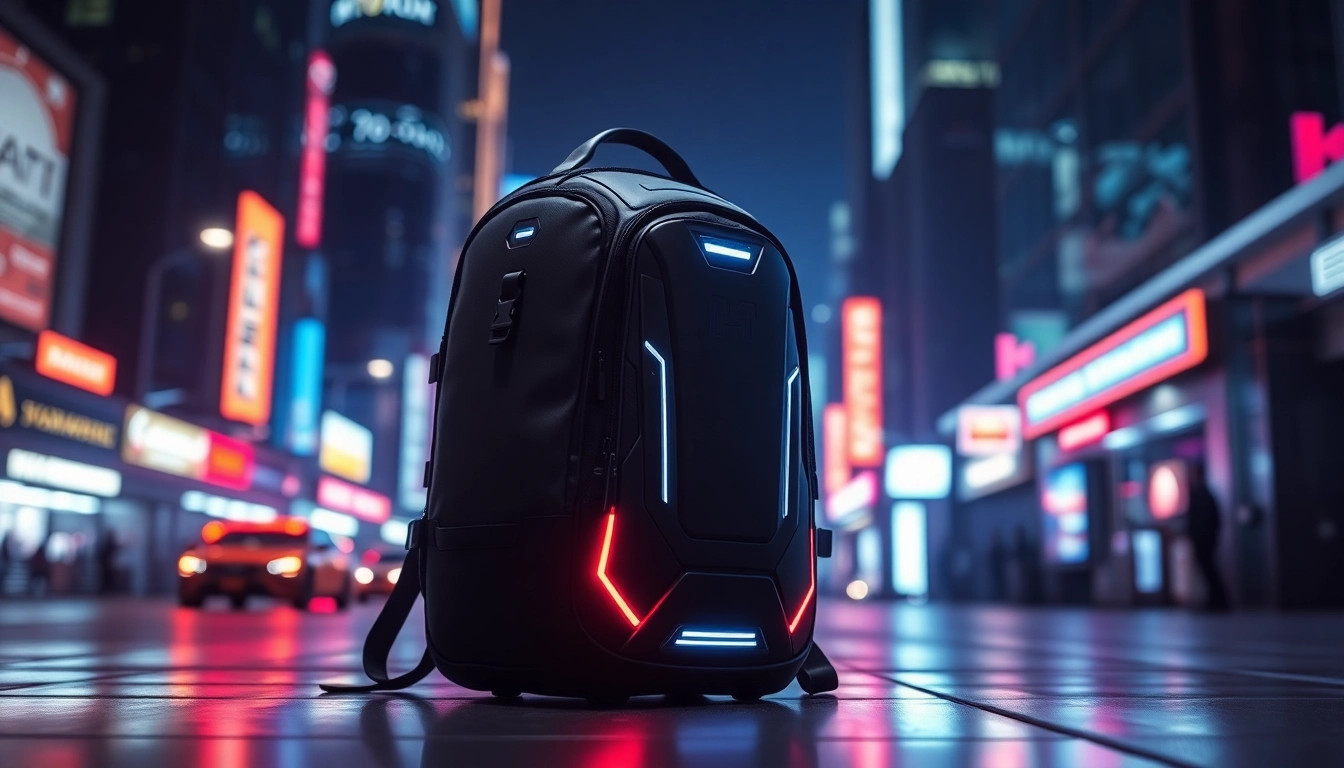 Showcasing Backpack TGE in a high-tech urban environment with vibrant neon lighting.