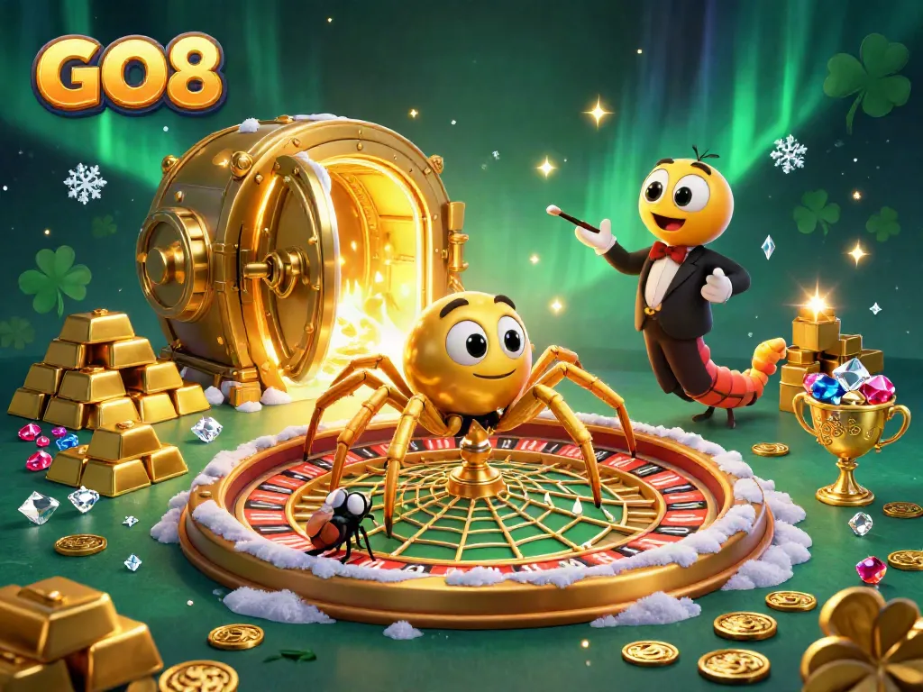 Join the exciting GO8 casino adventure with a spider, fly, and centipede amidst treasures!