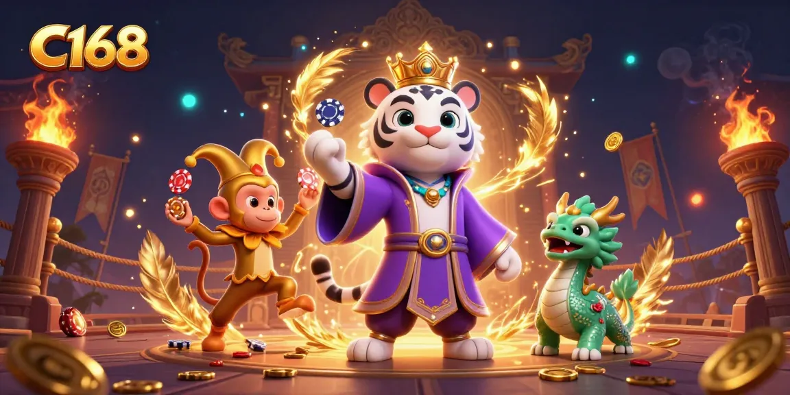Engage with C168's thrilling environment featuring a tiger and monkey among vibrant casino elements.